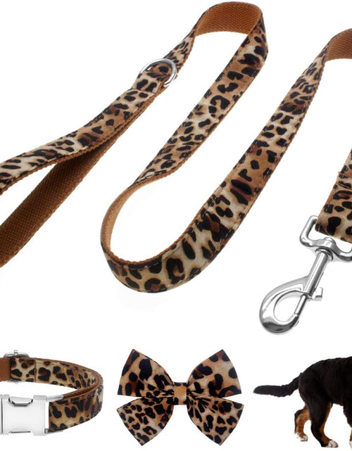 Load image into Gallery viewer, Dog Collar with Bow, Cotton &amp; Webbing, Detachable Bowtie Dog Collar, Adjustable Dog Collars and Leash for Small Medium Large Dogs (S, Leopard Print)
