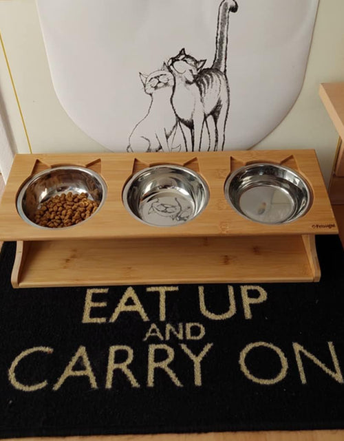 Load image into Gallery viewer, Cat Bowls Pet Dining Table with Raised Slope Wooden Stand Elevated Pet Bowls with Oblique Stand for Cats, Dogs, Kitten and Puppy (3 Bowls, Steel)
