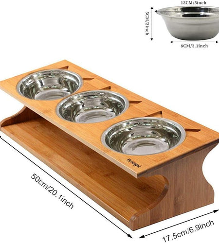 Cat Bowls Pet Dining Table with Raised Slope Wooden Stand Elevated Pet Bowls with Oblique Stand for Cats, Dogs, Kitten and Puppy (3 Bowls, Steel)