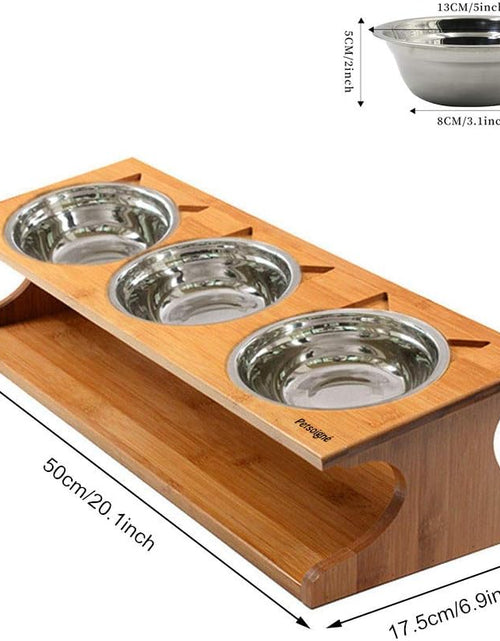 Load image into Gallery viewer, Cat Bowls Pet Dining Table with Raised Slope Wooden Stand Elevated Pet Bowls with Oblique Stand for Cats, Dogs, Kitten and Puppy (3 Bowls, Steel)
