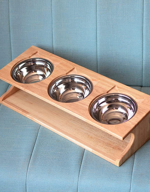 Load image into Gallery viewer, Cat Bowls Pet Dining Table with Raised Slope Wooden Stand Elevated Pet Bowls with Oblique Stand for Cats, Dogs, Kitten and Puppy (3 Bowls, Steel)
