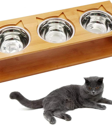 Cat Bowls Pet Dining Table with Raised Slope Wooden Stand Elevated Pet Bowls with Oblique Stand for Cats, Dogs, Kitten and Puppy (3 Bowls, Steel)