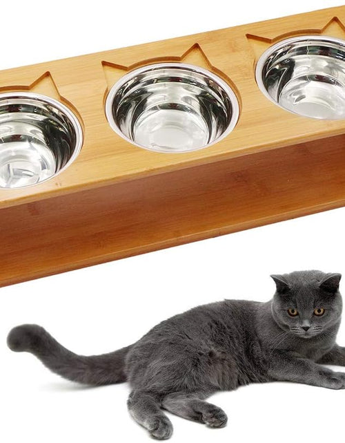 Load image into Gallery viewer, Cat Bowls Pet Dining Table with Raised Slope Wooden Stand Elevated Pet Bowls with Oblique Stand for Cats, Dogs, Kitten and Puppy (3 Bowls, Steel)
