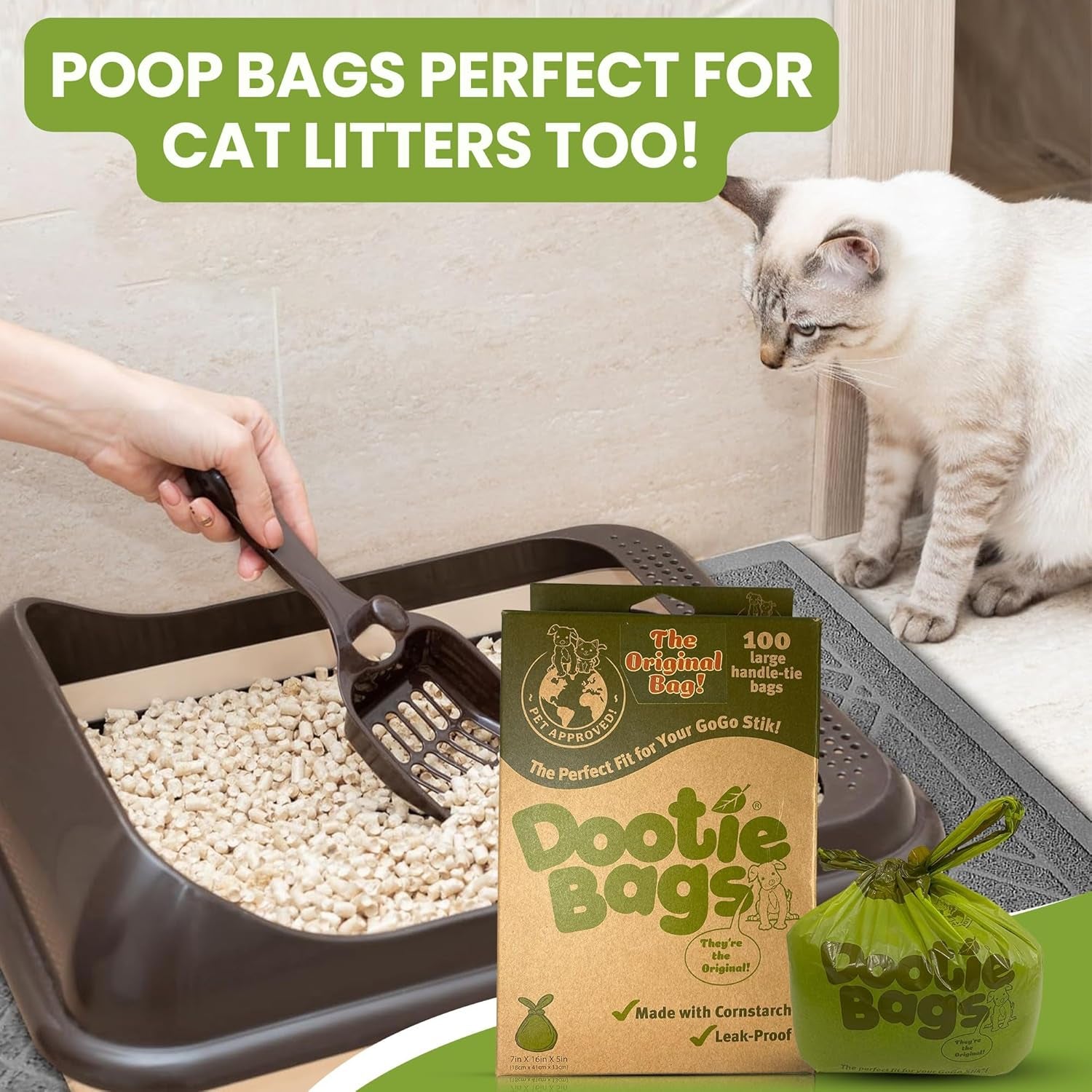 Dootie Bags® Medium-Large Poop Bags, 100 Count, with Tie Handles and Gussets. Strong and Leakproof. Made with Corn Starch. Fits  Pooper Scoopers.