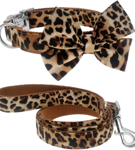 Dog Collar with Bow, Cotton & Webbing, Detachable Bowtie Dog Collar, Adjustable Dog Collars and Leash for Small Medium Large Dogs (S, Leopard Print)