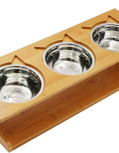Load image into Gallery viewer, Cat Bowls Pet Dining Table with Raised Slope Wooden Stand Elevated Pet Bowls with Oblique Stand for Cats, Dogs, Kitten and Puppy (3 Bowls, Steel)
