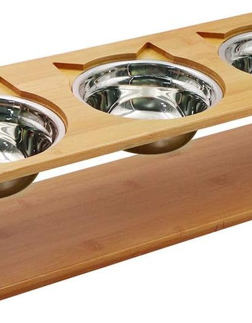 Load image into Gallery viewer, Cat Bowls Pet Dining Table with Raised Slope Wooden Stand Elevated Pet Bowls with Oblique Stand for Cats, Dogs, Kitten and Puppy (3 Bowls, Steel)
