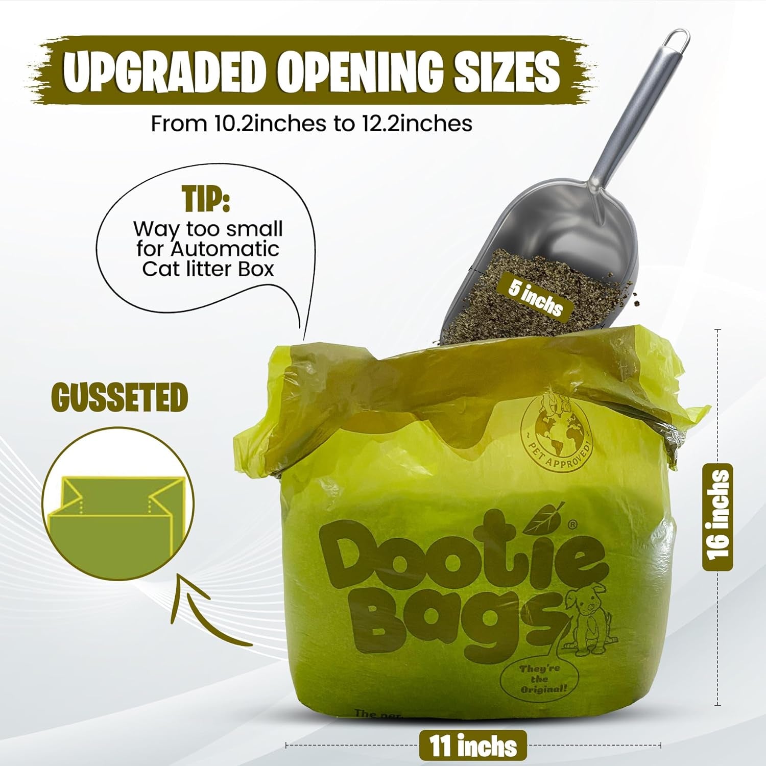 Dootie Bags® Medium-Large Poop Bags, 100 Count, with Tie Handles and Gussets. Strong and Leakproof. Made with Corn Starch. Fits  Pooper Scoopers.