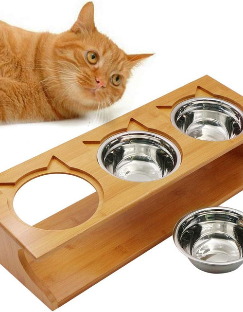 Load image into Gallery viewer, Cat Bowls Pet Dining Table with Raised Slope Wooden Stand Elevated Pet Bowls with Oblique Stand for Cats, Dogs, Kitten and Puppy (3 Bowls, Steel)
